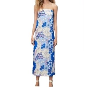 Zara Blue Floral Retro Strapless Maxi Dress Size Medium NEW With Tags
